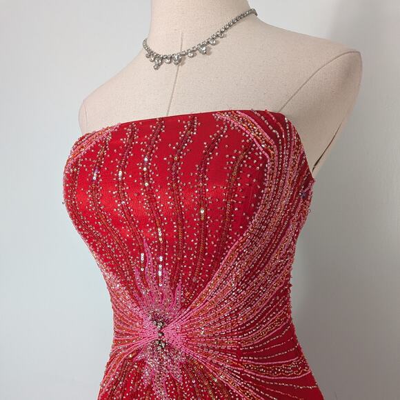 Alyce Prom Dress Maxi Gown XS Red Silk Princess Glam Strapless Y2K Bead Pink - Picture 7 of 16